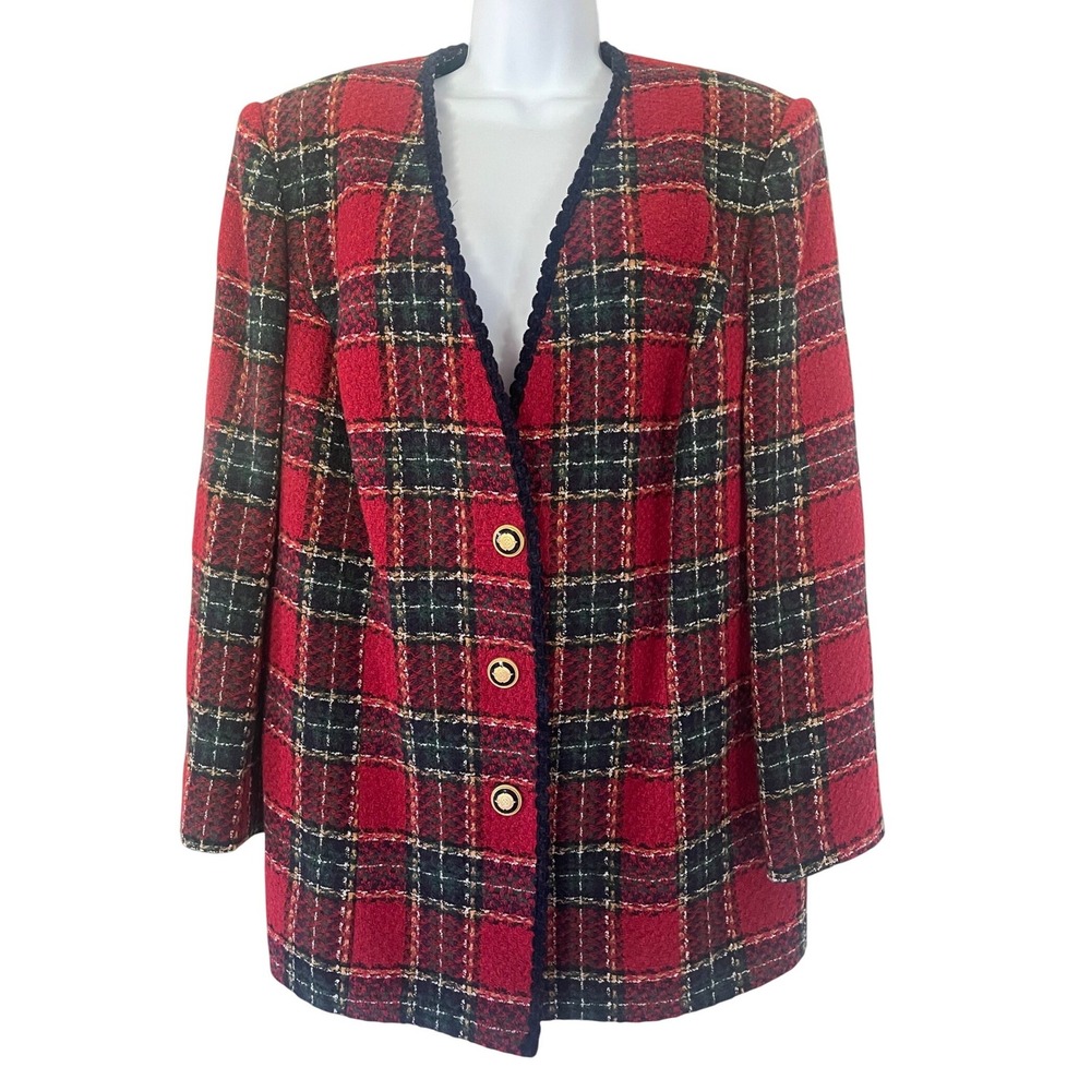 Kasper II A.S.L. Vintage Red Plaid Wool Blend Blazer Jacket Gold Buttons Size 16